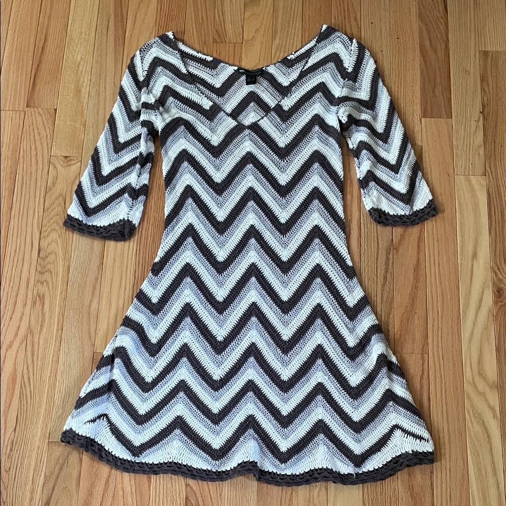 Mng Casual Mini Dress Womens XS Black White Crochet Knit Boho Retro Beachy